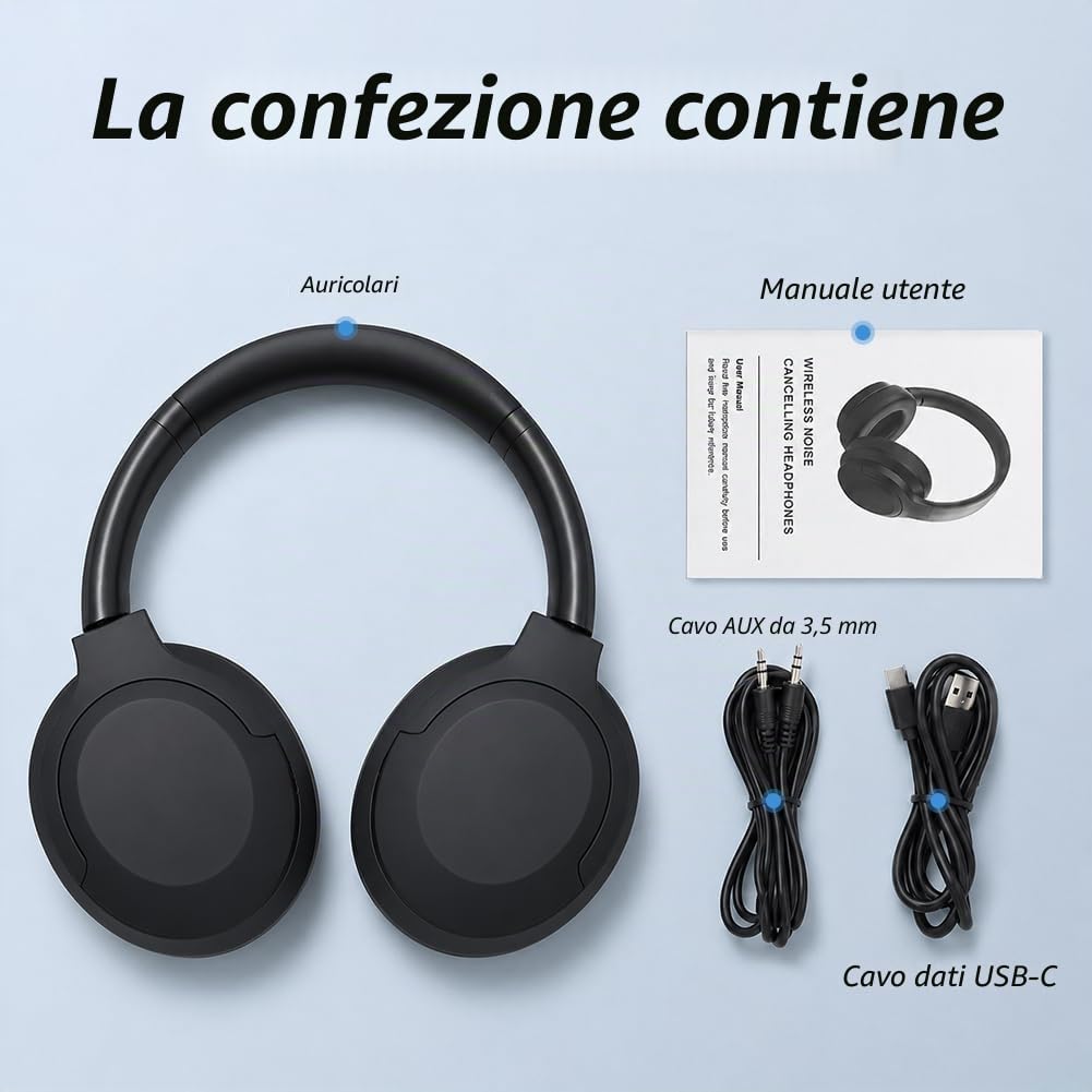 Cuffie wireless Bluetooth over-ear con cancellazione del rumore, autonomia ultra-lunga di 100 ore, cancellazione attiva del rumore, driver da 40 mm e design pieghevole