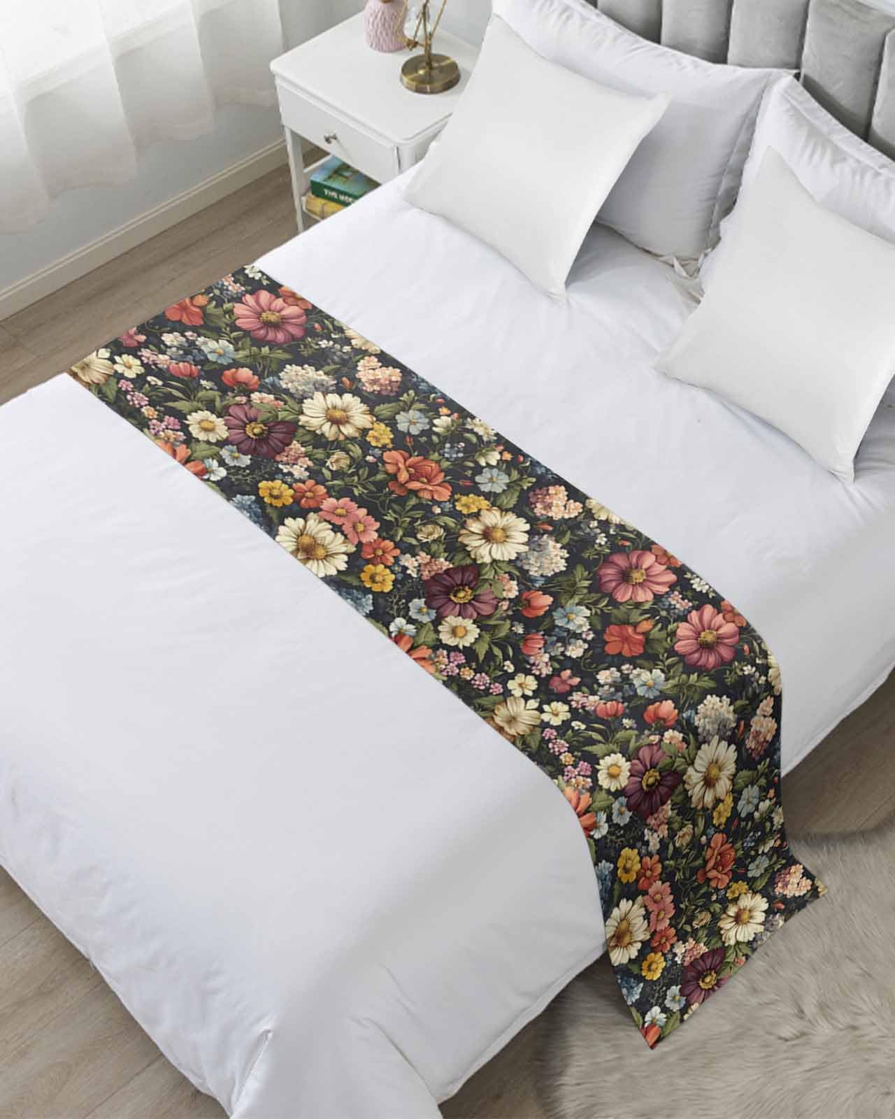 DecorLovee Vintage Flower Bed Runners for Queen Size Bed, Decorative Bed Throws for Foot of Bed, Colorful Garden Floral Botanicals Blossom Bed Runner Sofa Throw Bedding Scarf Protector for Bedroom