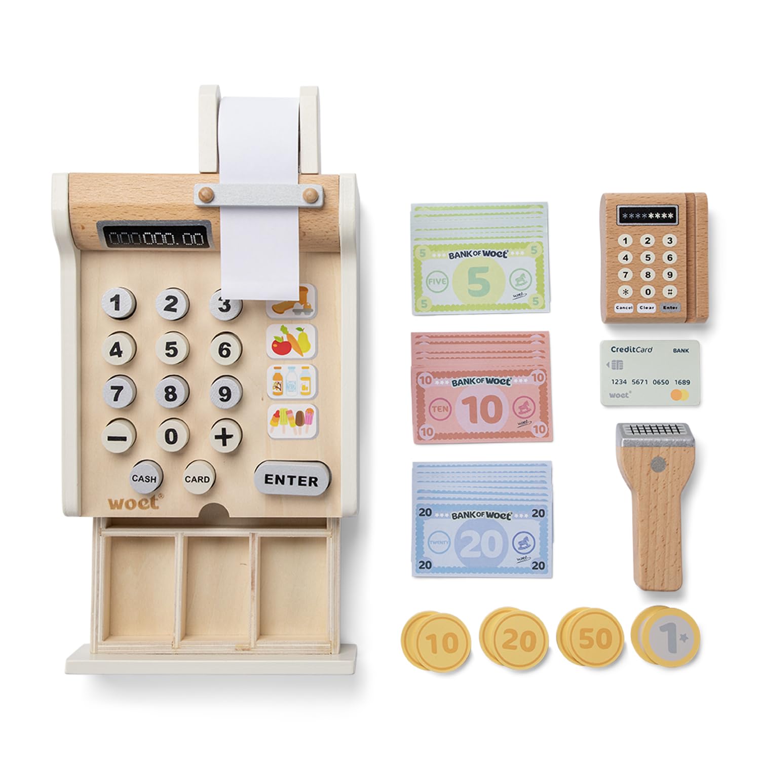 Woet® Caisse enregistreuse Jouet Blanc en Bois pour Enfants - Jouet Marchande avec Scanner et Lecteur de Carte - Set de Caisse d’Imitation - À Partir de 3 Ans