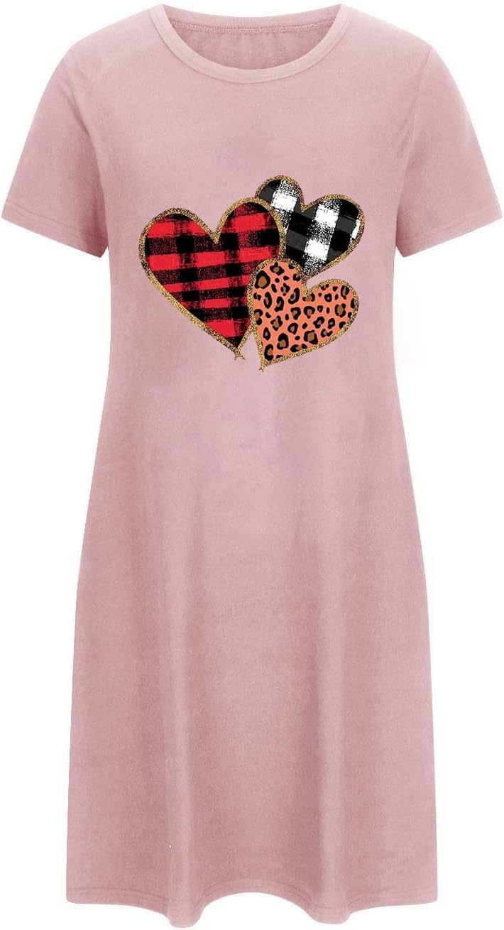 Women Valentine Nightgowns Plus Size Leopard Heart Graphic Night Gown Crew Neck Sleepwear Short Sleeve Nightdress Gift