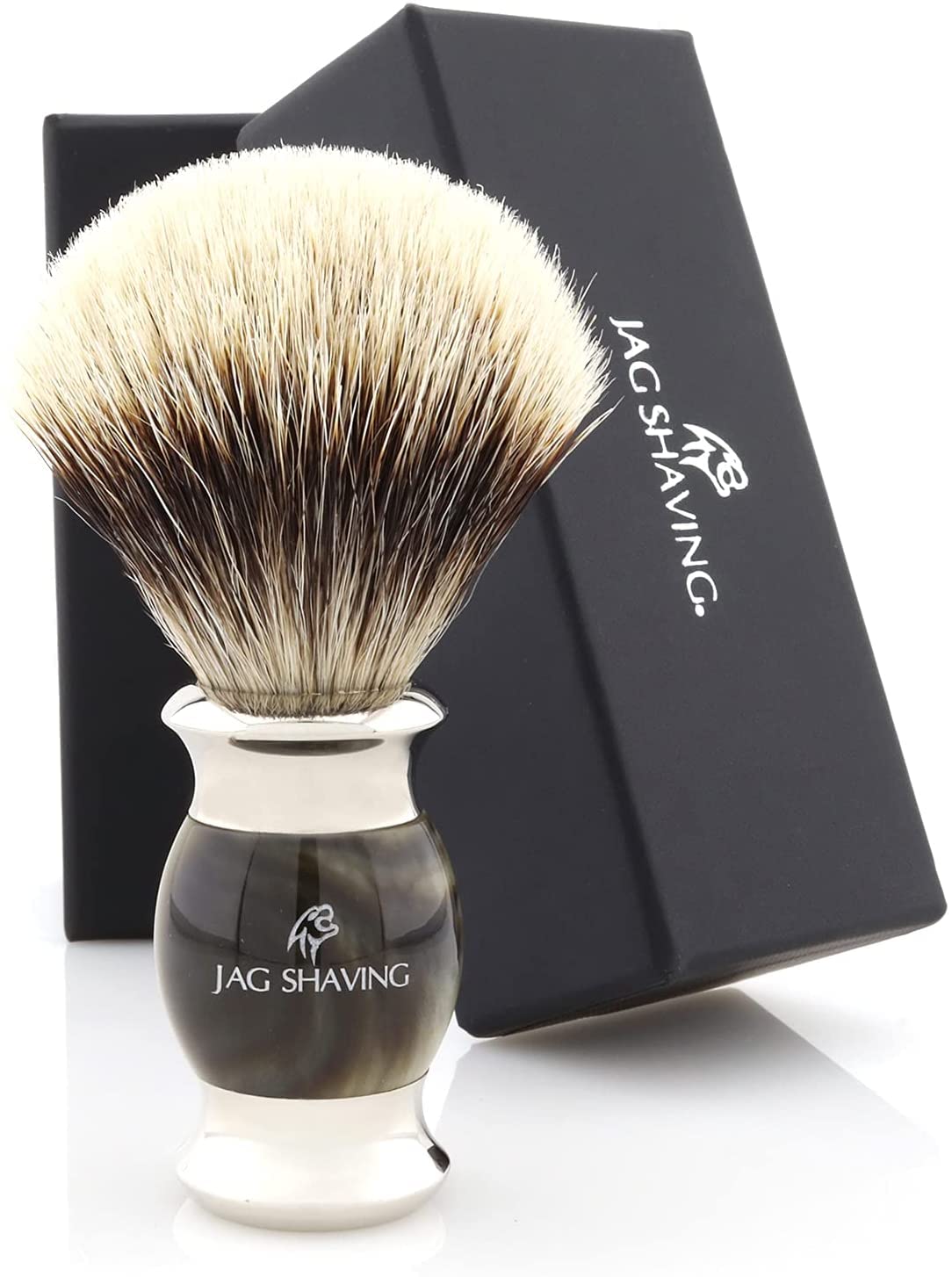 Jag Shaving Jag's Lee Range - Juego de afeitado de 3 piezas (brocha de afeitar de pelo de tejón puntiagudo, cuchillas de afeitar de doble filo, soporte para afeitar, imitación de hornión verde)