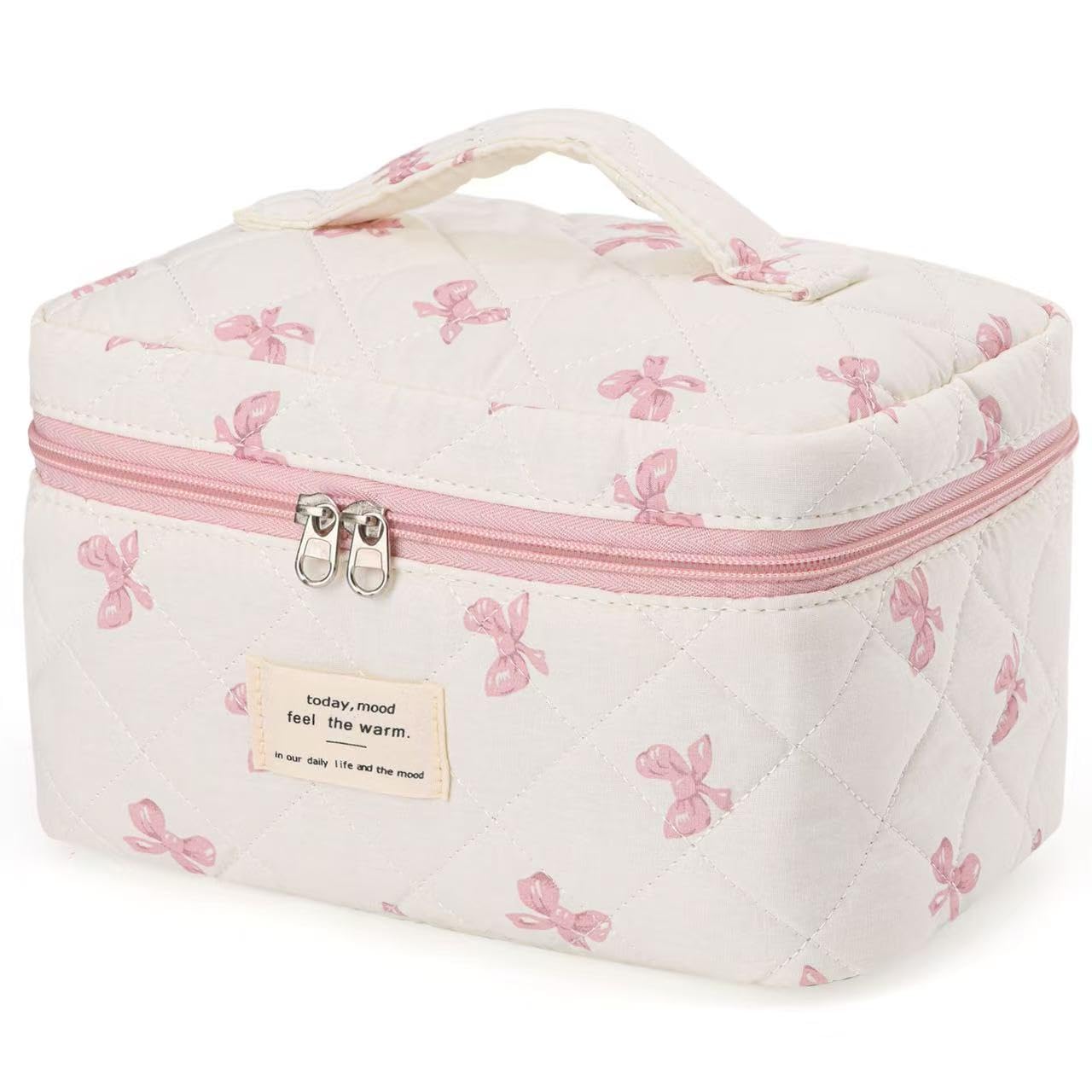 Large Travel Quilted Makeup Bag，Cute Bow Cotton cosmetic bag, Fashionable aesthetic makeup bag,Coquette Aesthetic Floral Travel Toiletry Bag for Women