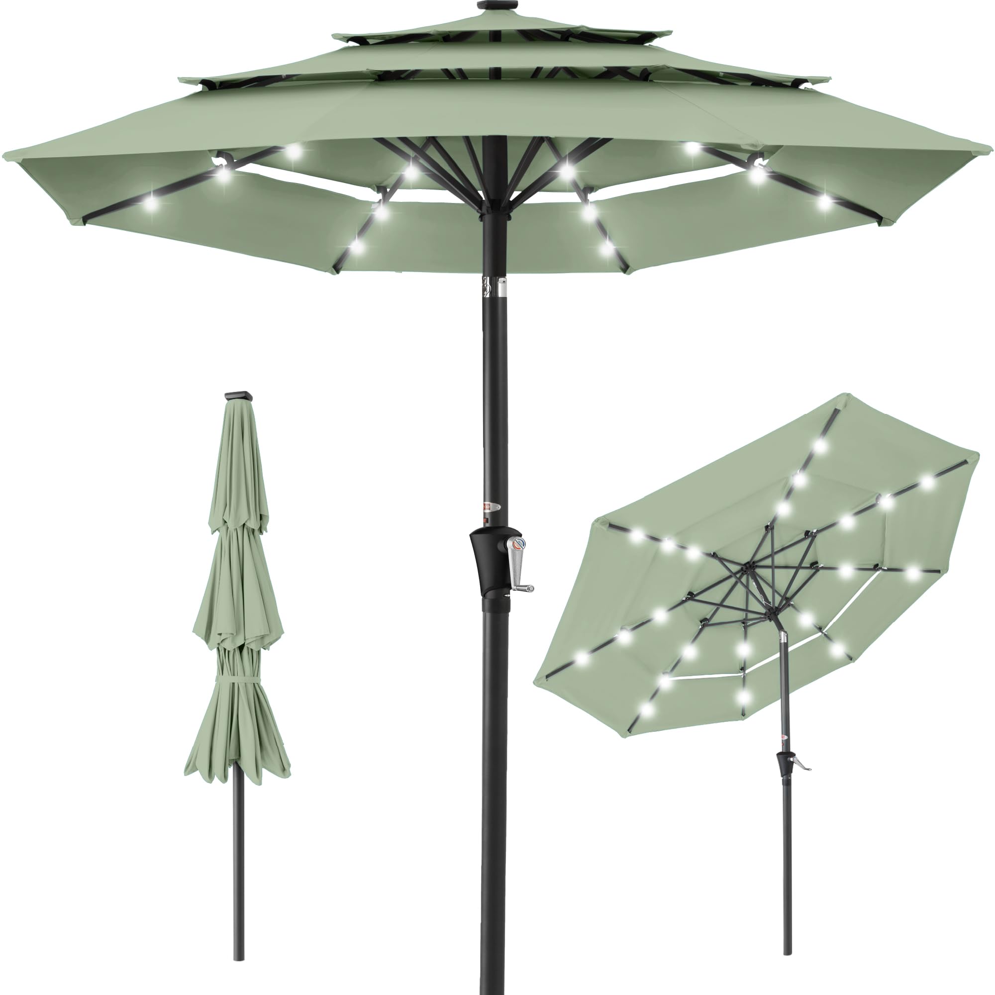 Best Choice Products 10ft 3-Tier Solar Patio Umbrella, Outdoor Market Sun Shade for Backyard, Deck, Poolside w/ 24 LED Lights, Tilt Adjustment, Easy Crank, 8 Ribs - Sage Green
