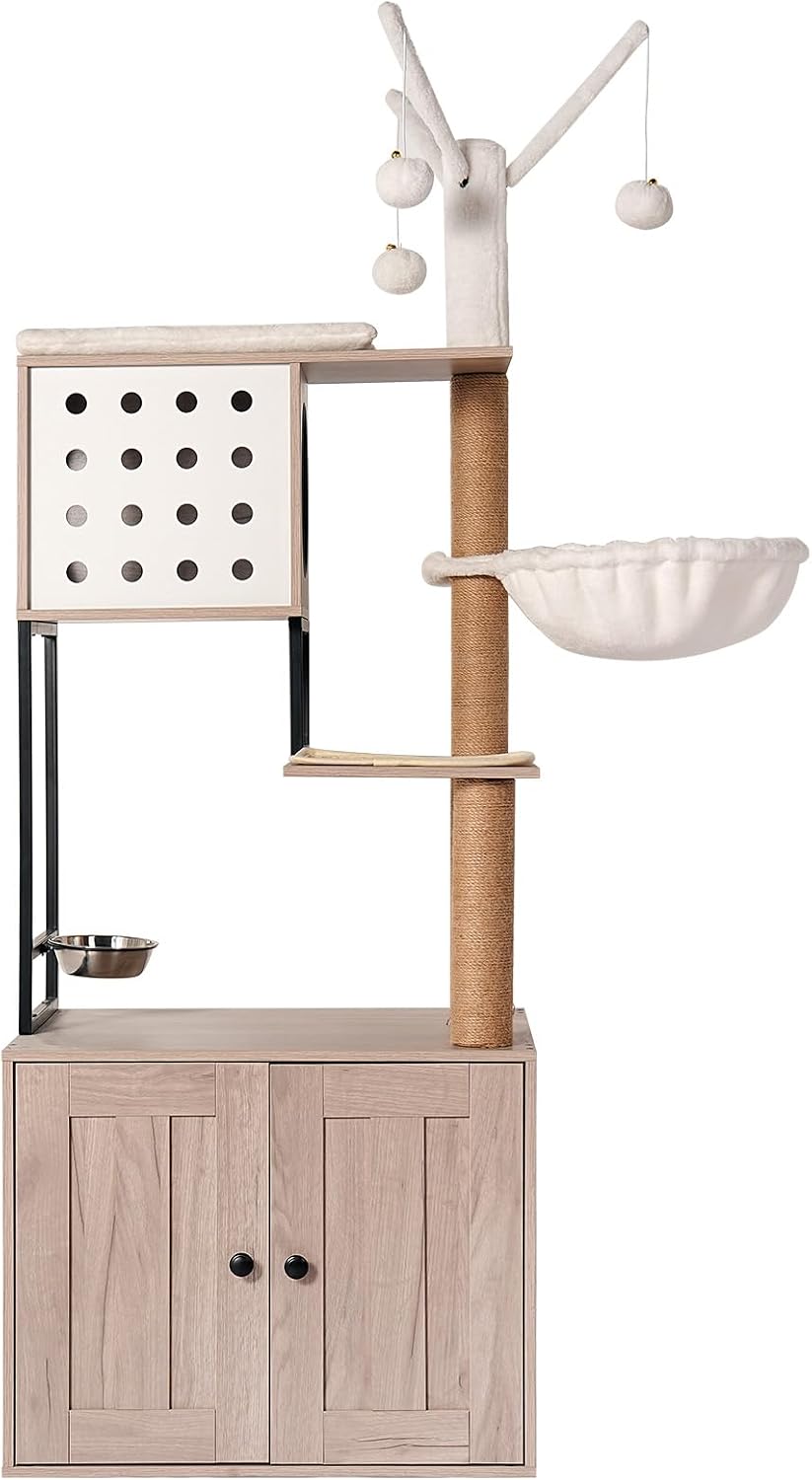 Cat Tree with Litter Box Enclosure, Modern Cat Condo with Scratching Posts, Feeding Bowl and Removable Pompom Sticks for Indoor Cats, Gray Multi-Functional Feline Furniture with Hideaway Compartment
