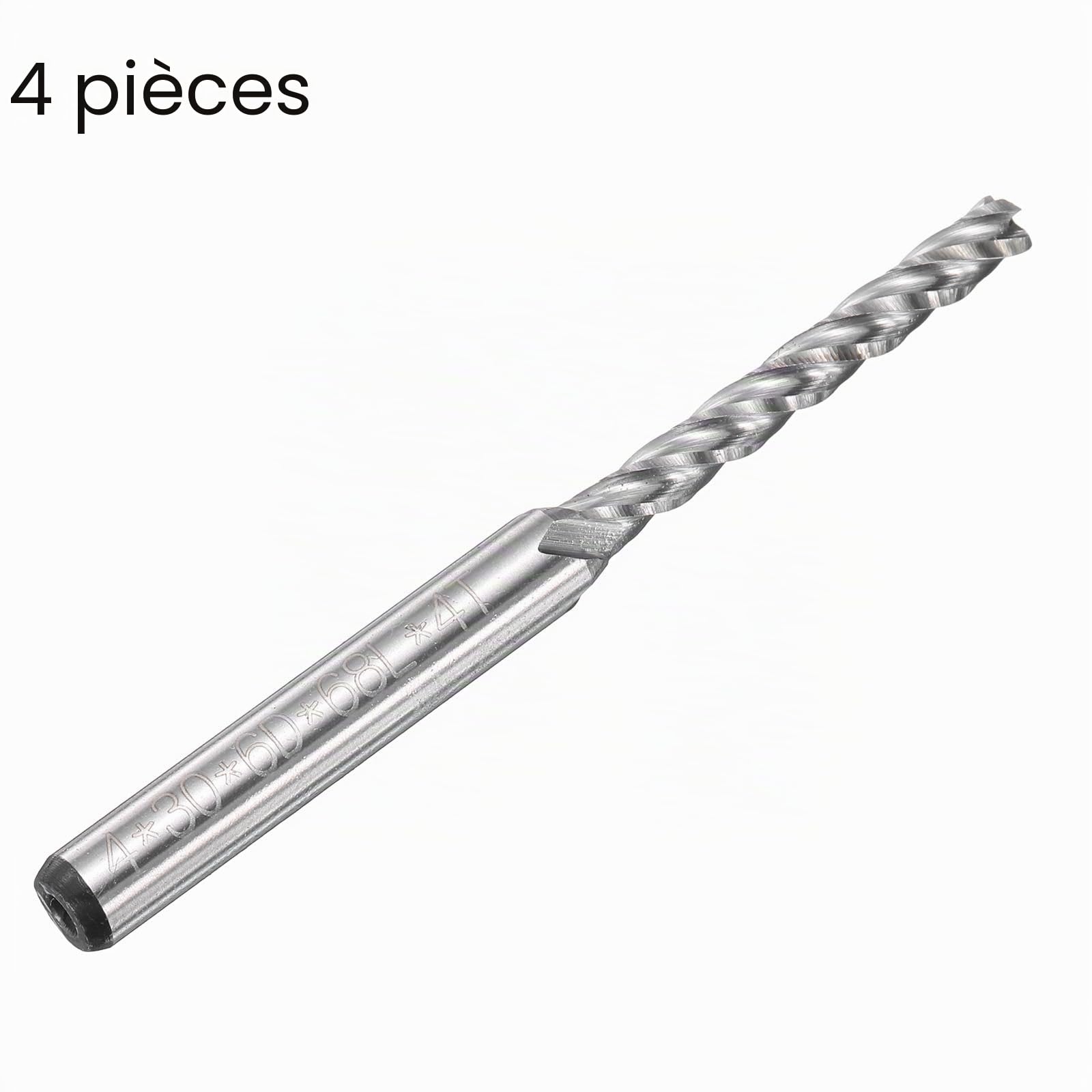 sourcing map HSS-AL Lot de 4 fraises HSS-AL 4 mm de diamètre de coupe 6 mm tige 4 cannelures Fraise à défoncer en spirale Outil de fraisage pour bois PVC MDF gravure