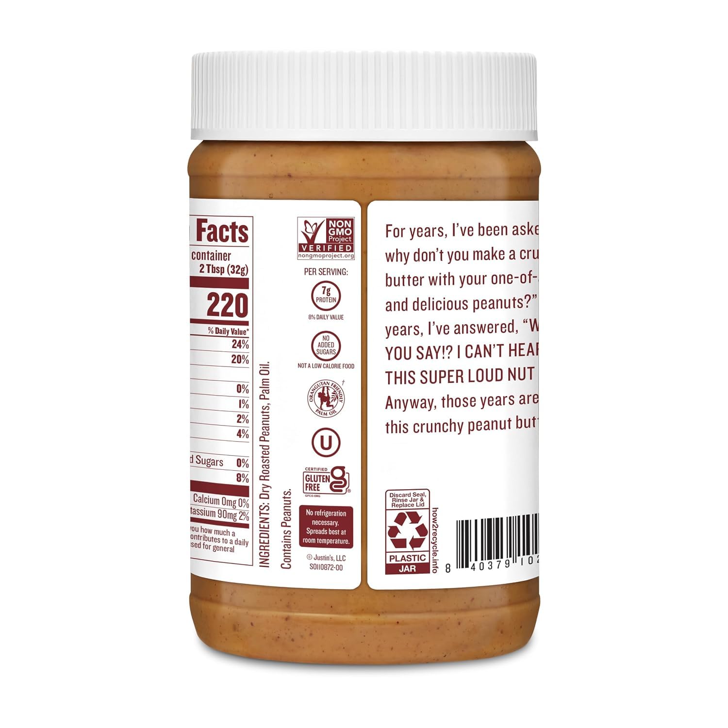 Justin's Crunchy Classic Peanut Butter 473 ml Glas, glutenfrei, gentechnikfrei, verantwortungsvoll angebaut