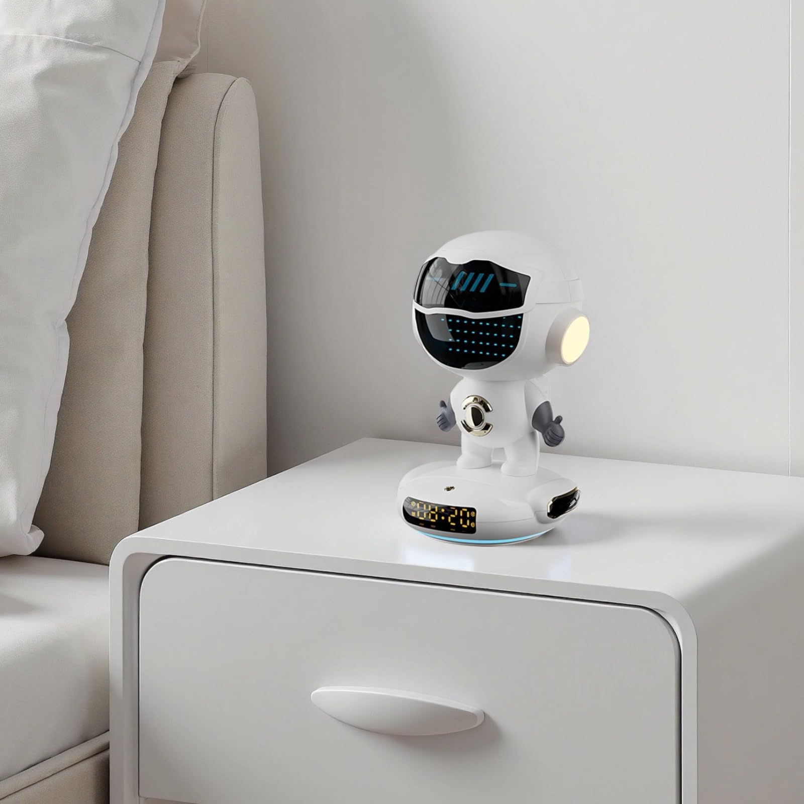 Sveglia intelligente con altoparlante wireless, luce notturna, batteria da 1800 mAh, scheda TF e ingresso AUX, design robot AI da 20 cm, per casa e ufficio