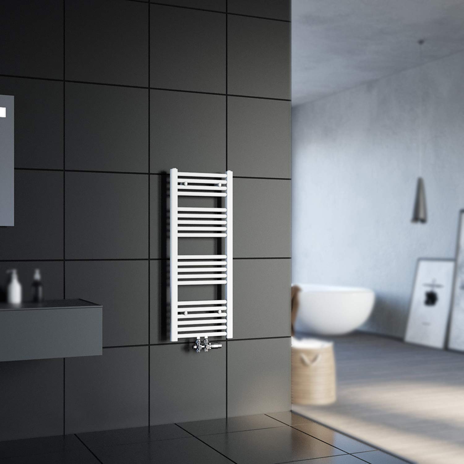 SONNI Grzejnik łazienkowy, 1600 x 400 mm, suszarka na ręczniki, biała, 358 W, designerska, ogrzewanie, przyłącze środkowe z białym termostatem multiblokowym