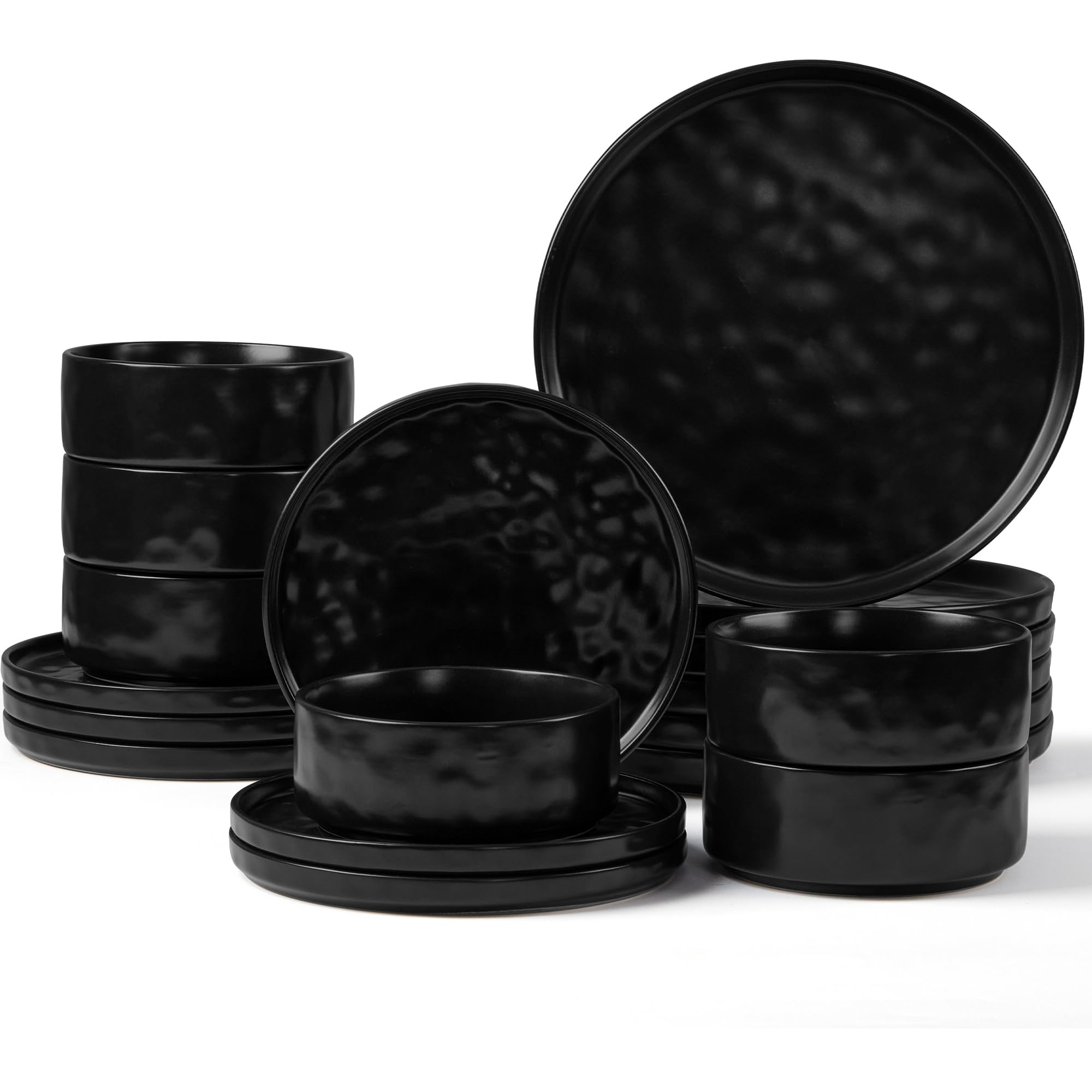 Herogo 18 Piece Dinner Set, Stoneware Dinnerware Sets for 6 People, Reactive Glaze Dining Plates and Bowls, Microwave and Dishwasher Safe, Chip and Scratch Resistant, Matte Black
