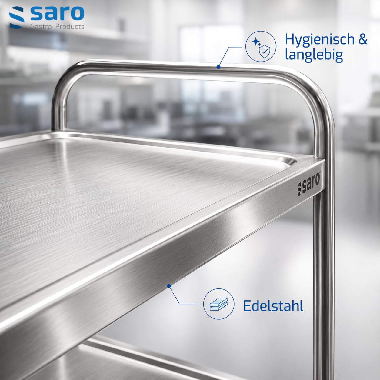 Saro Transportwagen/Servierwagen mit 3 Borde – Edelstahl – Traglast 80 kg – 4 Rollen (2 mit Bremse) – 86×54×94 cm – Für Gastronomie & Service – Modell Bastian
