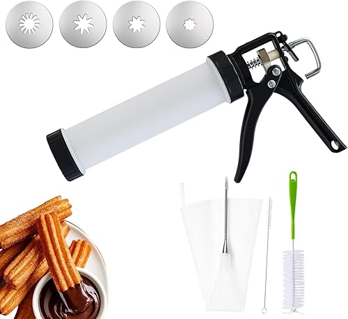 Miniatura 8 de Juego manual de pistola para galletas spritz 3 en 1, máquina churrera para churros, capacidad grande de 2 tazas, 1 bolsa de repostería y punta, 10