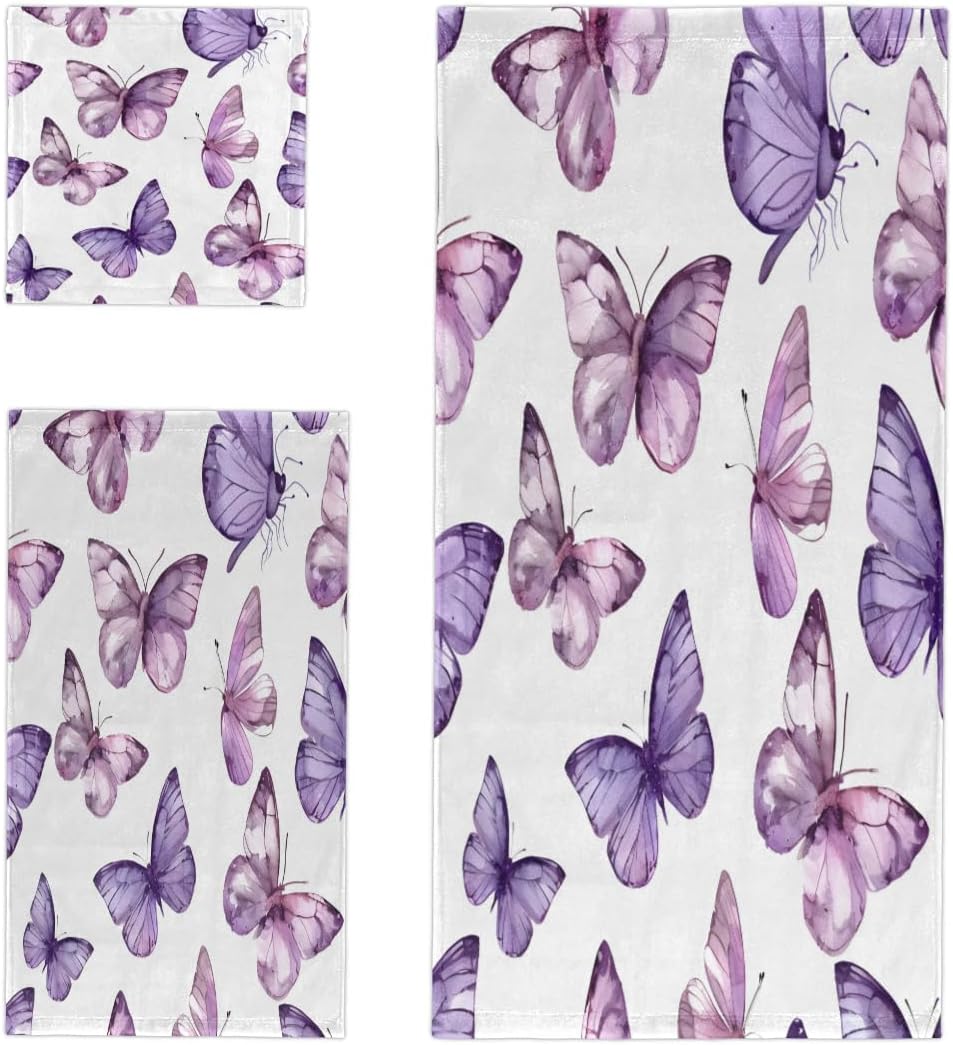 Butterfly Purple 3 Piece Towel Set Soft Absorbent Towels for Bathroom Kitchen Beach Travel Gym Pool Spa Yoga Camp, 1 Bath Towel, 1 Hand Towel, 1 Wash Cloth