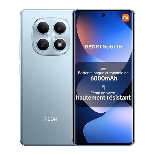XIAOMI REDMI Note 15 Smartphone 8+256 Go Batterie 6000 mAh - Bleu Glacier | Écran FHD+ 6,77", résistance eau IP64, caméra 108 MP ultra-nette, 2 ans de garantie, chargeur non inclus