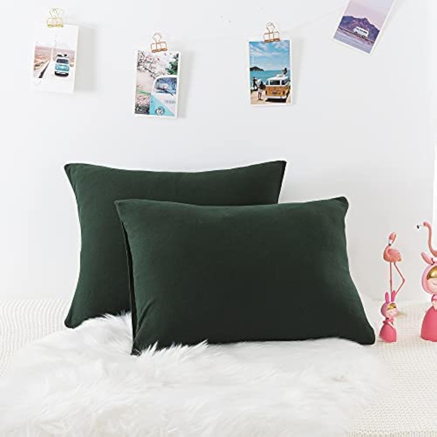 Household Cotton Jersey Knit Pillowcases, Soft and Breathable Travel Pillow Cases with Envelope Closure, 13" x 18" 2 Pack (Dark Green)