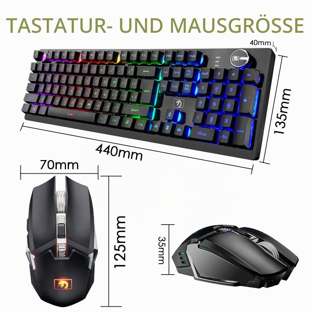 FELiCON Kombi-Sets für drahtlose Tastatur und Maus, 4800mAh, 16 Arten von wiederaufladbaren RGB-LED-Gaming-Tastaturen mit Knopfsteuerung und ergonomischer 7-Farben-LED-Hintergrundbeleuchtung