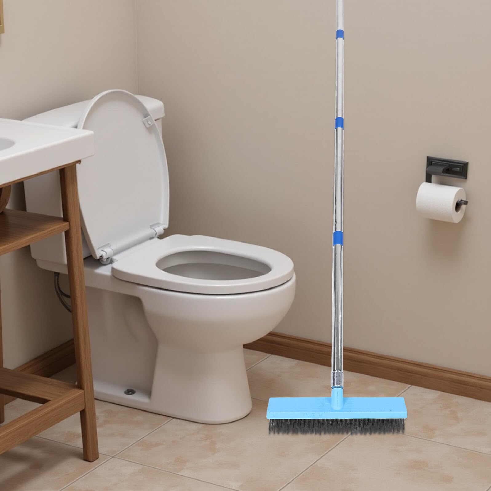 UKCOCO Cepillo para Fregar Azulejos con Mango Largo de Acero Inoxidable 1,6 M, Cerdas Resistentes para Suelos de Baño y Ducha, Limpiador Potente de Lechada para Pisos y Bañeras