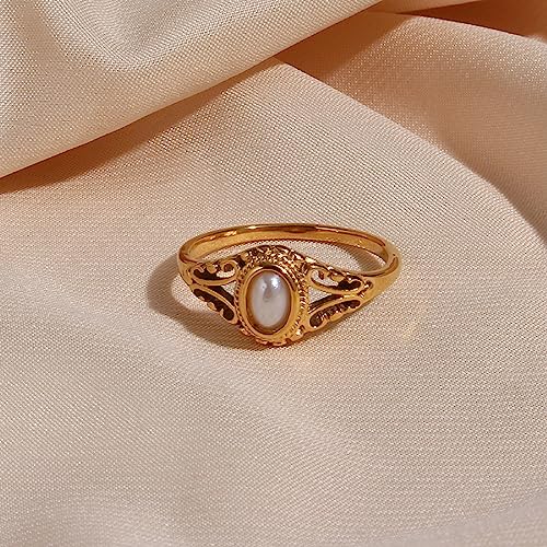 Gold Rings for Women Non Tarnish Natural Freshwater Pearl Stainless Steel 18K Gold Plated Ring,Bridesmaid Wedding Jewelry，Promise Rings for Her4