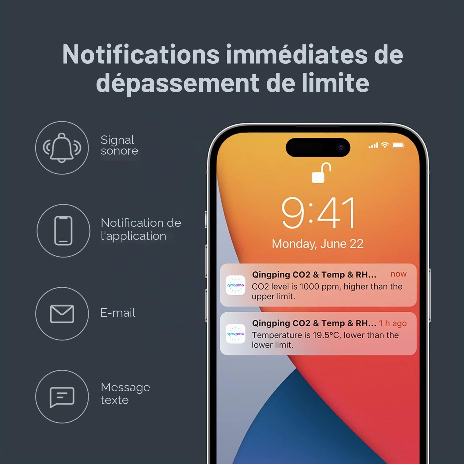 Qingping Thermomètre hygromètre détecteur de CO2, surveillance à distance via Qingping IoT, moniteur de température et d'humidité pour différents scénarios, notification d'alerte rapide