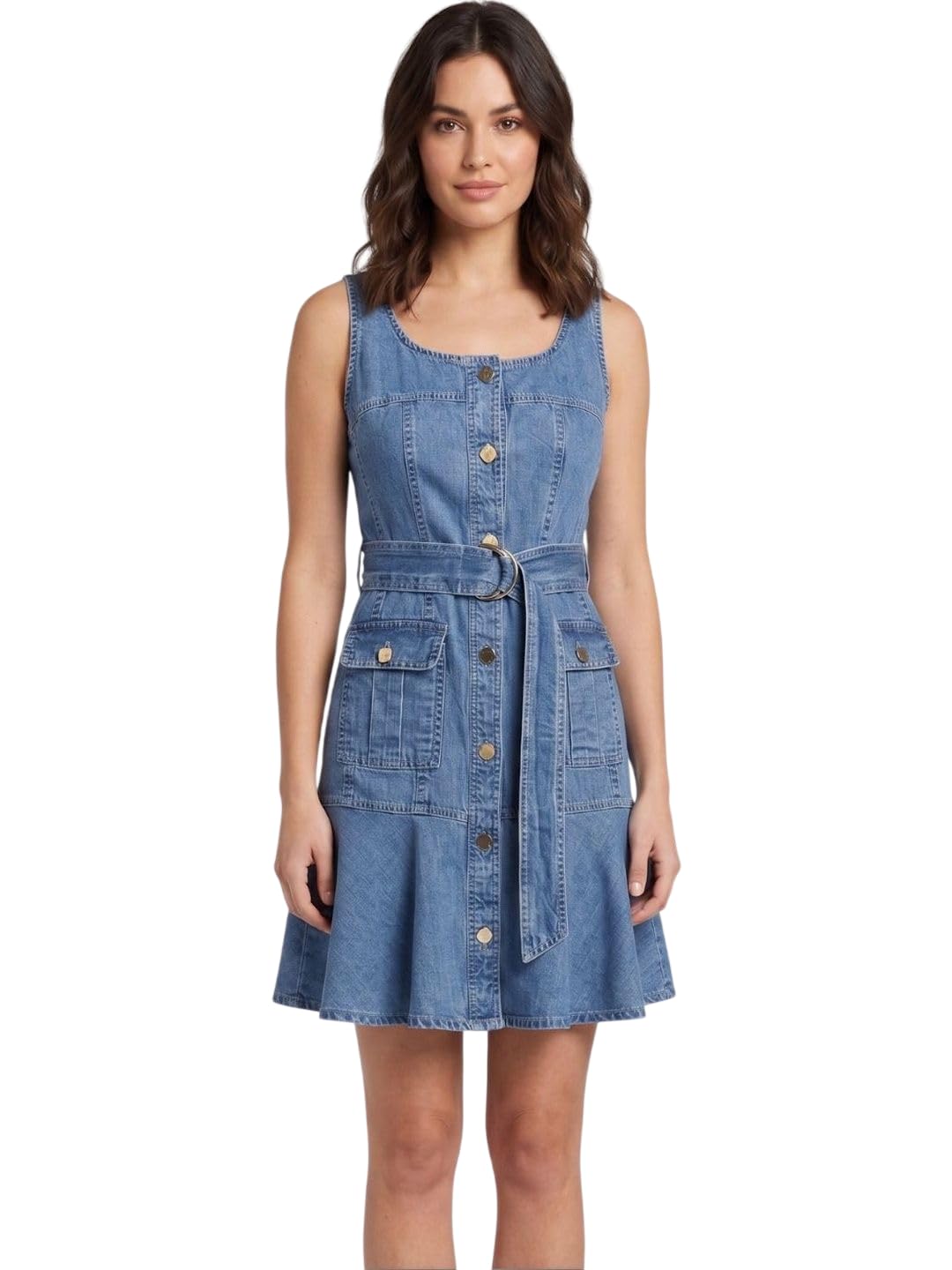 7ounce Women's Denim Mini Dress | Sleeveless Square Neck Button Down Dress with Belt | Casual Western Short Dress-picture-20