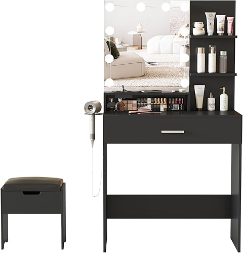 Miniatura 8 de Fameill Mesa de tocador de maquillaje con espejo iluminado y estación de carga, juego de tocador negro con 3 modos de iluminación, brillo ajustable,