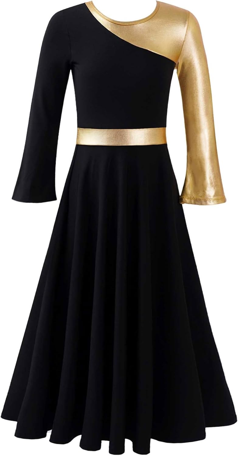 Jugaoge Kids Girls Long Sleeve Praise Dance Dress Metallic Color Block Worship Maxi Dress Choir Robe