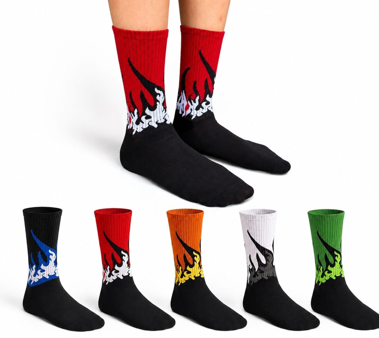 Premium Cotton, Multicolour Athletic Socks with Fire Pattern Crew Socks, Unisex Stretchable Free Size (1 Pair - Yellow/Blue-Red Flames)-image-30