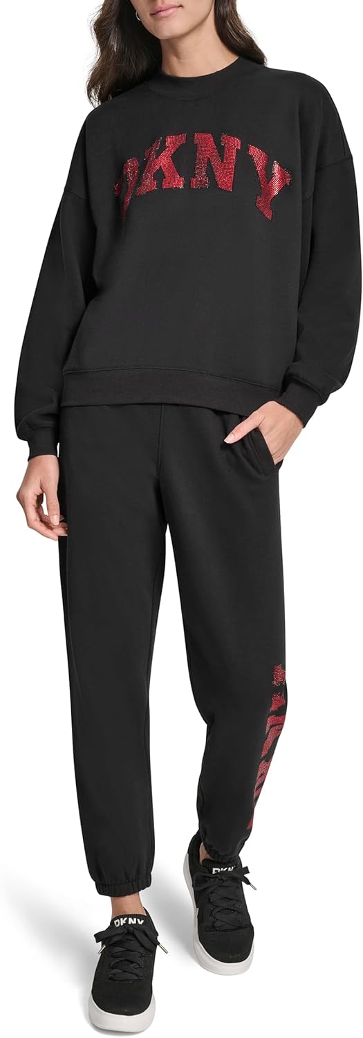 DKNY womens Exploded Rhinestone Varsity Logo Pullover Fleece Sweatshirt - Image 2