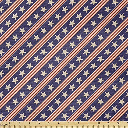 Image of Ambesonne Prehistoric Country Fabric by The Yard, Patriotic Star Pattern in Diagonal Stripes National Theme Print, Stretch Knit Fabric for Clothing Sewing and Arts Crafts, 1 Yard, Navy Coral Cream