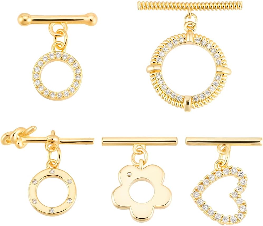 Beebeecraft 10 Sets OT Toggle Clasps Cubic Zirconia 18K Gold Plated Brass Round/Flower/Heart Shape T Bar Closure Connector Extender Clasp for DIY Necklace Bracelet Jewelry Making