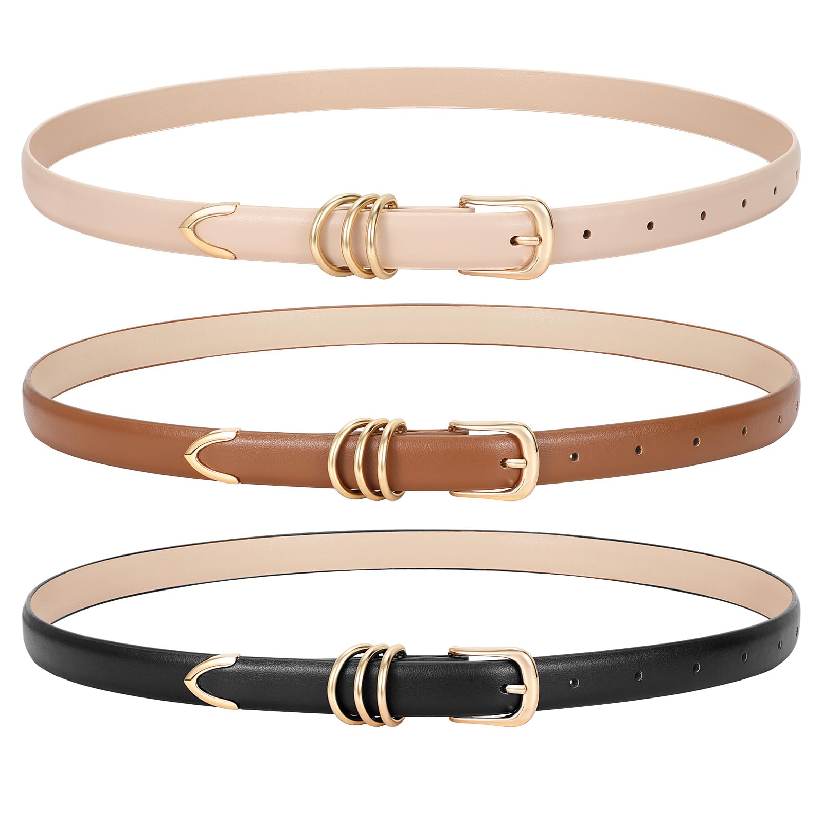 WERFORUWomen 3 Pack Skinny Belt for Dress Jeans,Thin Leather Waist Belt with Gold Buckle