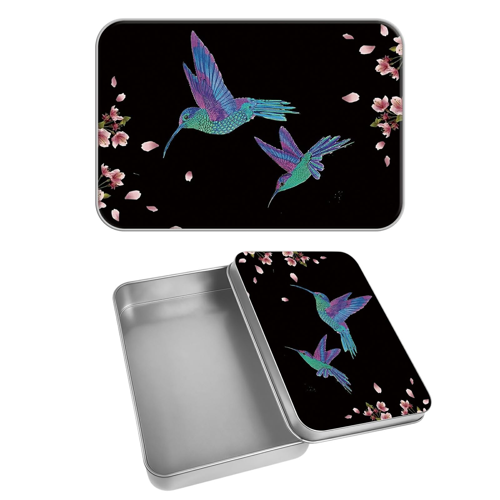 Rectangular Metal Tin Box with Removable Lid, Hummingbird Sakura Decorative Printed Metal Storage Container for Cards, Diaries, Home Organization 4.53 x 3.35 x 0.86 inch– Single Pack