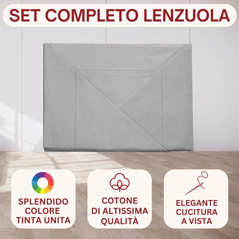 L'ANTICO ARCOLAIO - Completo Lenzuola Matrimoniali 100% Cotone Italiano, Set Anallergico e Antiacaro, Federe Cuscini Incluse, Qualità e Manifattura Made in Italy Certificata (Grigio)