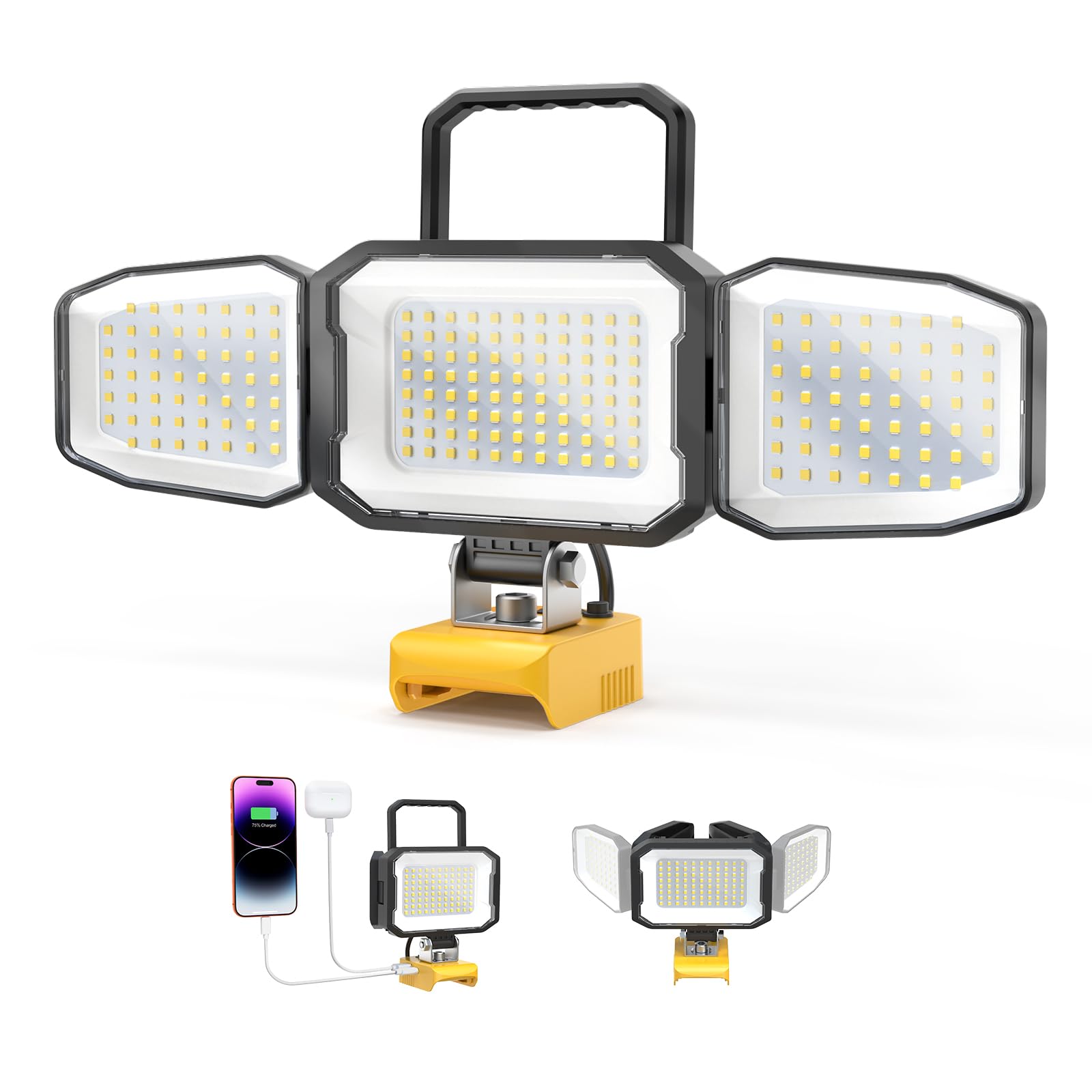 LED Work Light Compatible with DeWalt 20V Battery, 150W 15000LM Flood Light, 6500K Daylight 3-Head Adjustable, USB Type-C&2 Brightness Modes Portable Flashlight Job Site Light (Tool Only)