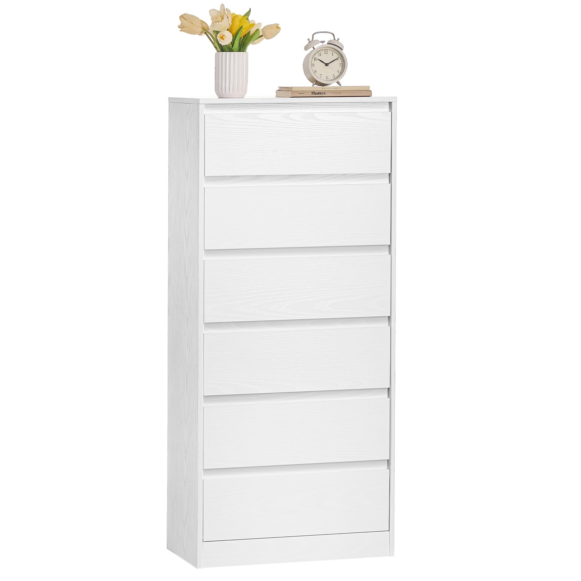 VASAGLE Colección Kailyn - Cómoda de 6 Cajones para Dormitorio, Armario de Almacenamiento, Mueble para Ropa, 30 x 48 x 111,2 cm, Estilo Moderno, Blanco Nieve LTS606WE01
