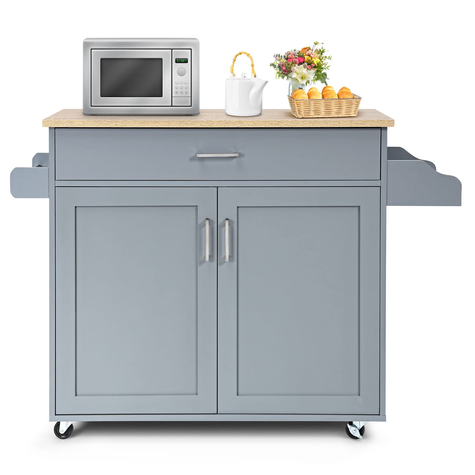 GYMAX Carrello Portata da Cucina, Armadietto a 2 Livelli, Ripiano Interno Regolabile, Credenze Mobili con Ruote, Ante Doppio, Cassetto, Portaposate, Portasciugamani, 116x40x85 cm, 5 Colori