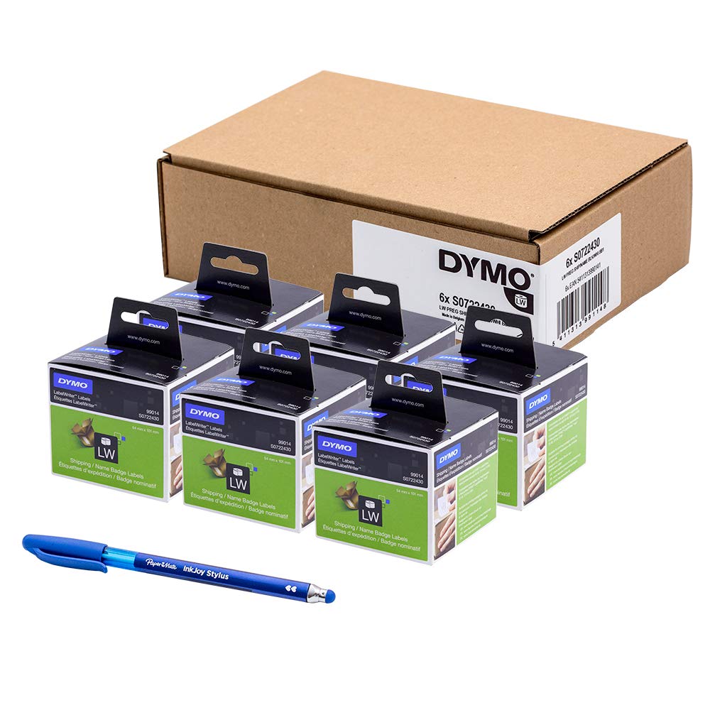 6 x Dymo S0722430 Original LabelWriter etiketten/Namensschilder, groÃŸ, 101 x 54 mm, Rolle mit 220 Stück, WeiÃŸ + PaperMate Stift Geschenk