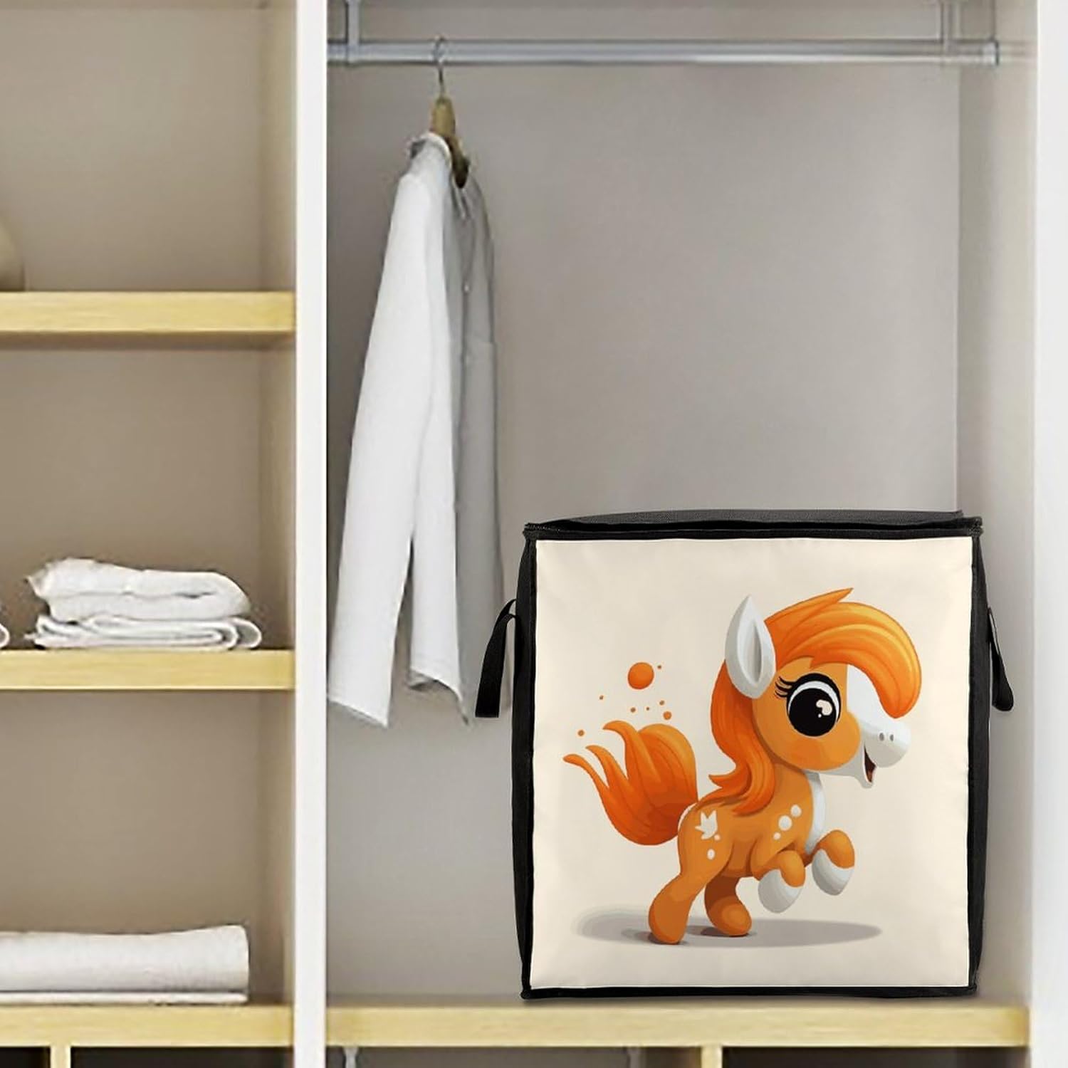 Portable Quilt Storage Bag,Cute Orange Pony Printed Foldable Wardrobe Storage Box Foldable Storage Bag with Lids And Handle Large Clothing Storage Bag for Comforters Clothes Blankets Pillows