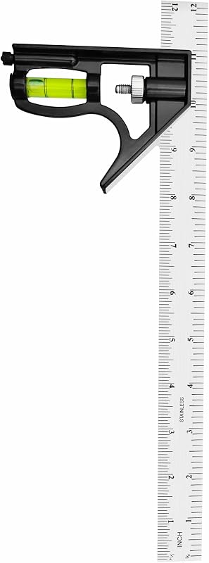 12-Inch Adjustable Combination Square, Metric & Imperial with Level | 410 stainless steel rule; 1/16 in, 1/8 in and 1 mm graduations; powder-coated aluminum head; 90/45 layouts; marking scriber
