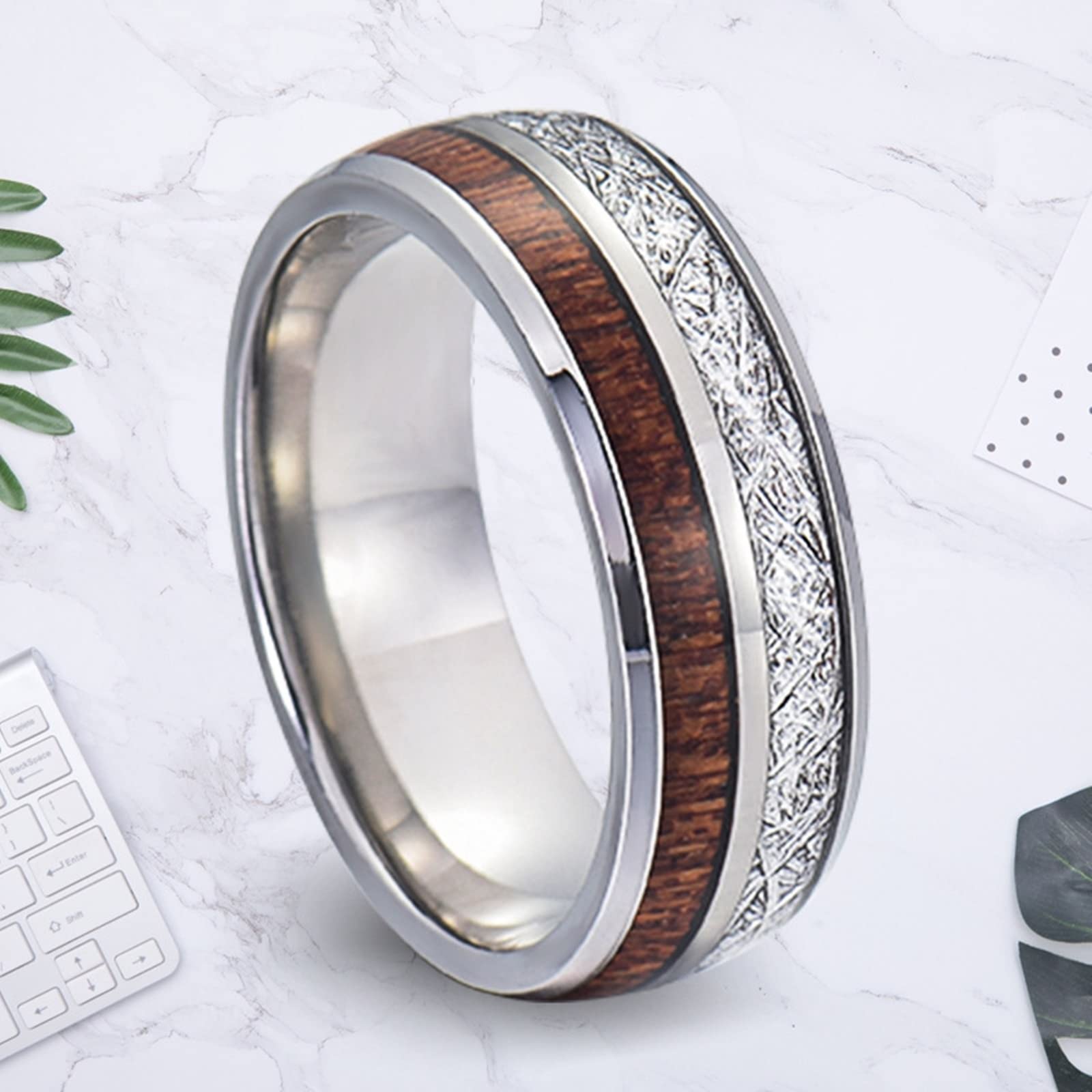 Anillo Hombre Carburo de Tungsteno, Alianza Boda Mujer 2 Piezas Anillo de Plata de 8mm con Incrustaciones de Madera y Metal