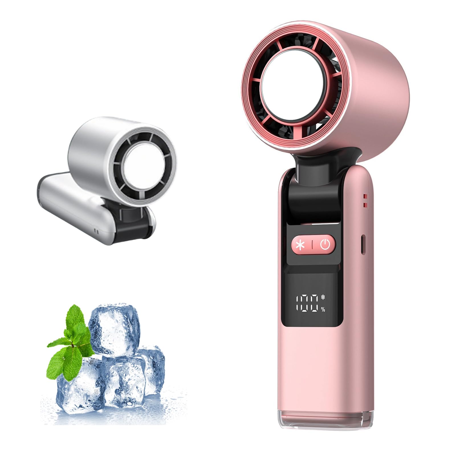 TASBER Handheld Turbo Fan, Portable USB Rechargeable Mini Fan with Ice Cooling Function & LED Display, 100 Speed Foldable Cooling Fan for Travel, Office, Camping & Home (Pink, 1800mAh)