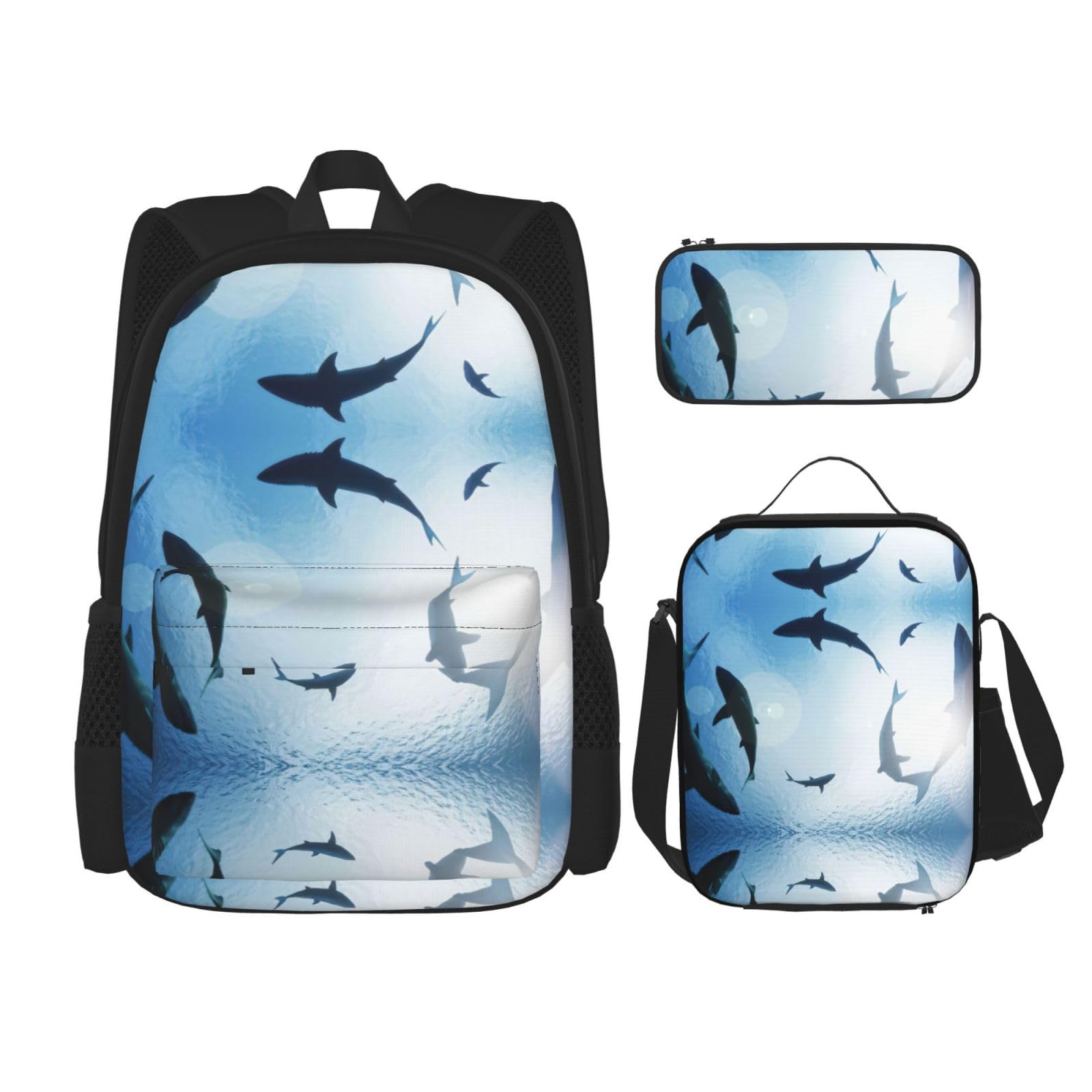 Juego de 3 mochilas escolares con estampado de tiburón y animales oceánicos, mochila para laptop resistente al agua de gran capacidad con bolsa de almuerzo aislada y estuche para lápices para