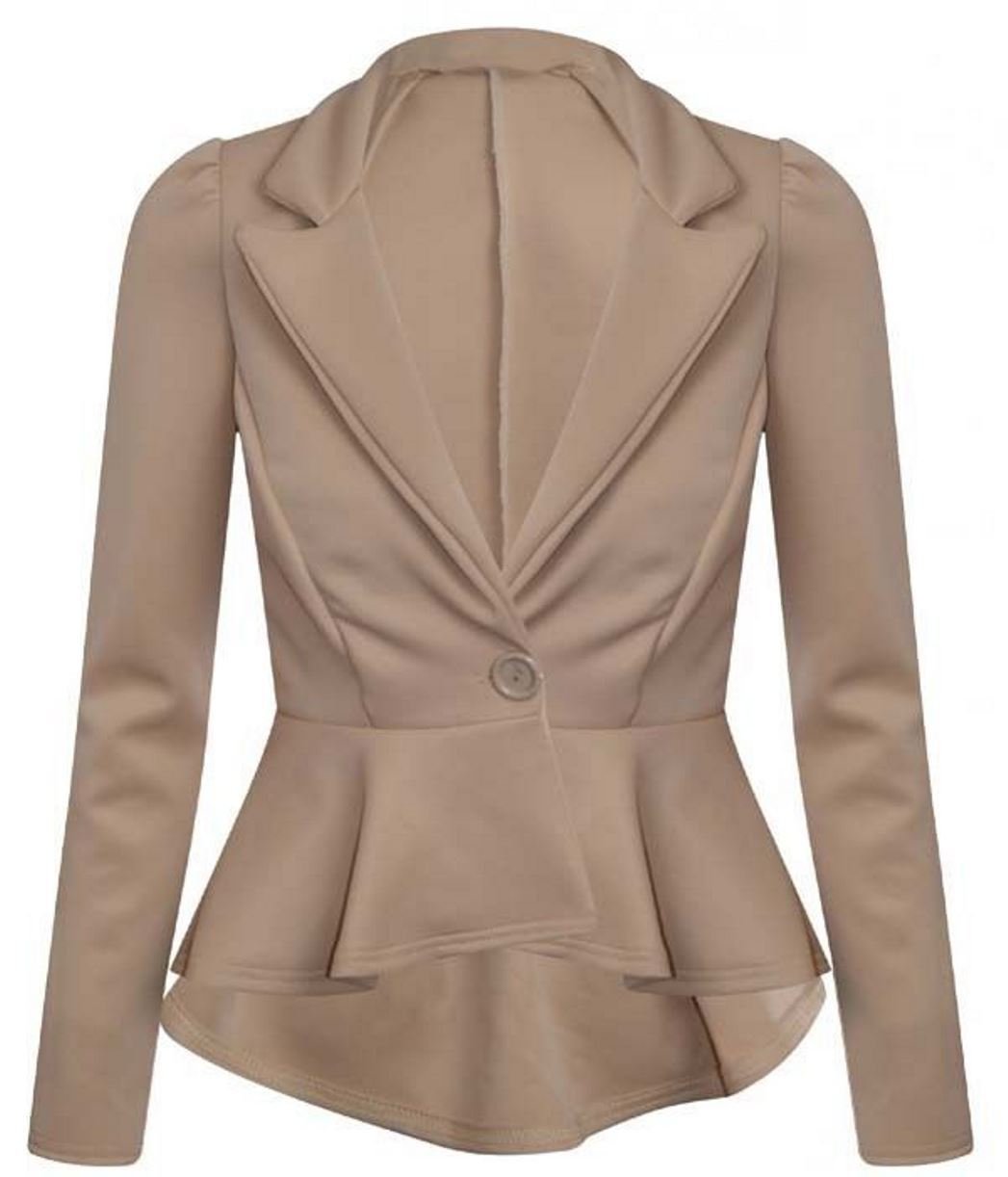 GOSTYLES® Womens Elegant Long Sleeve Peplum Blazer Jacket, Ladies Stylish One-Button Tailored Slim Fit Office Wear Flared Hem Coat (Stone, 20-22)