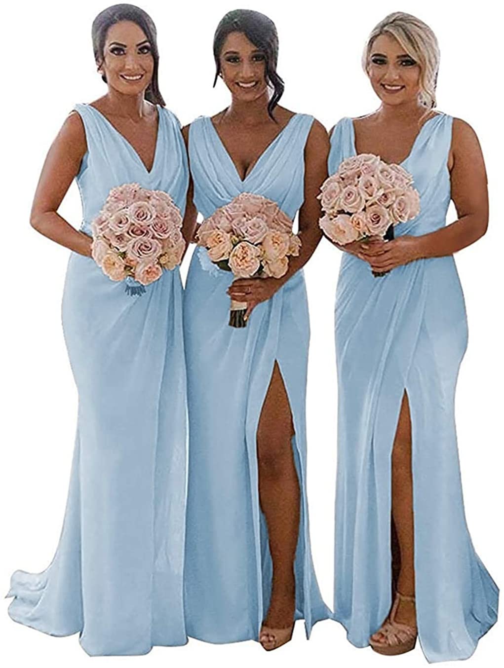 YIANN Light Blue V Neck Chiffon Plus Size Bridesmaid Dresses for Wedding High Slit Formal Evening Party Gowns for Women UK26