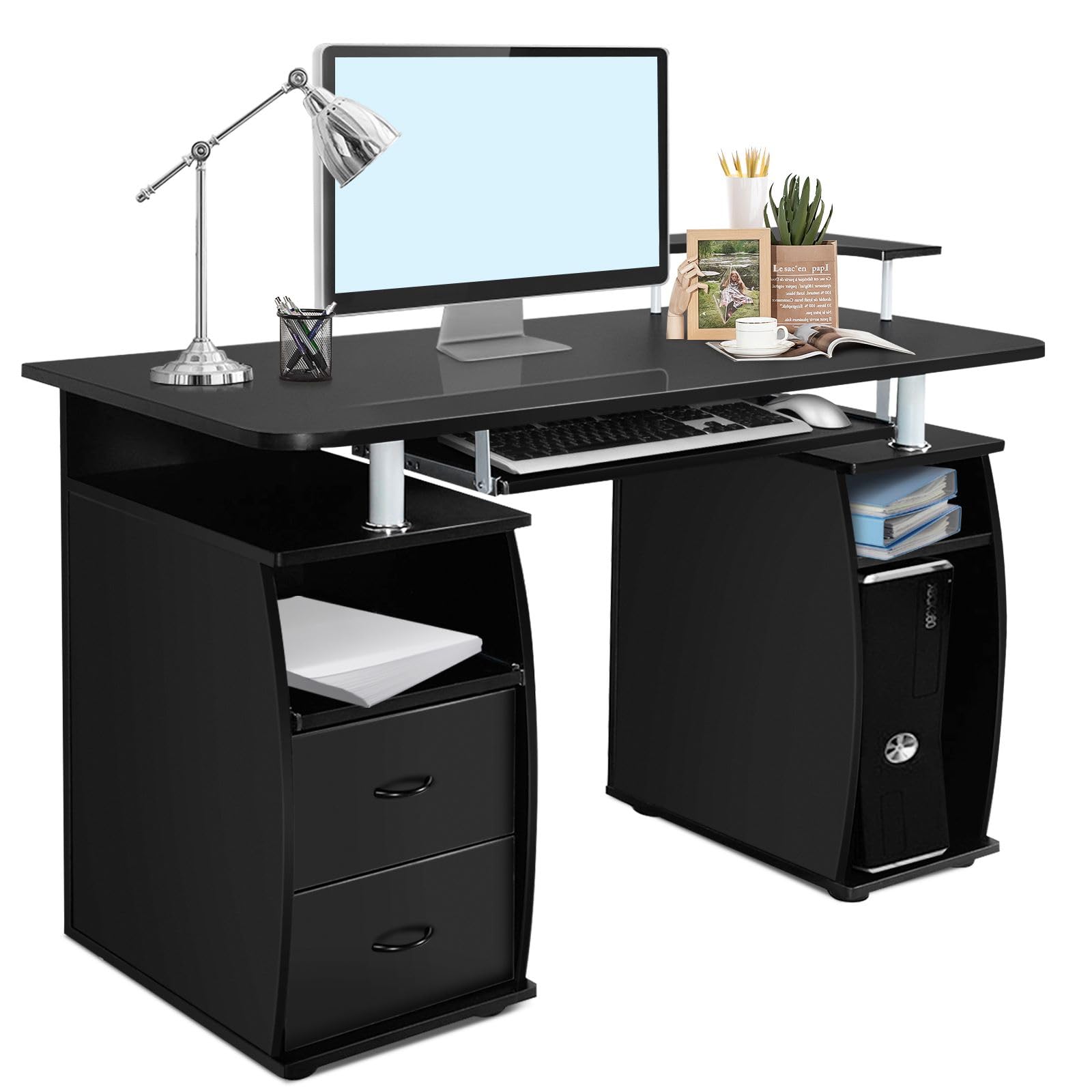 CASART Computer Desk, Modern Writing Desk Office Desk with Drawers, Keyboard Tray, Printer Stand & Storage Shelves, Wooden Computer Workstation PC Laptop Table for Study Bedroom (Black)