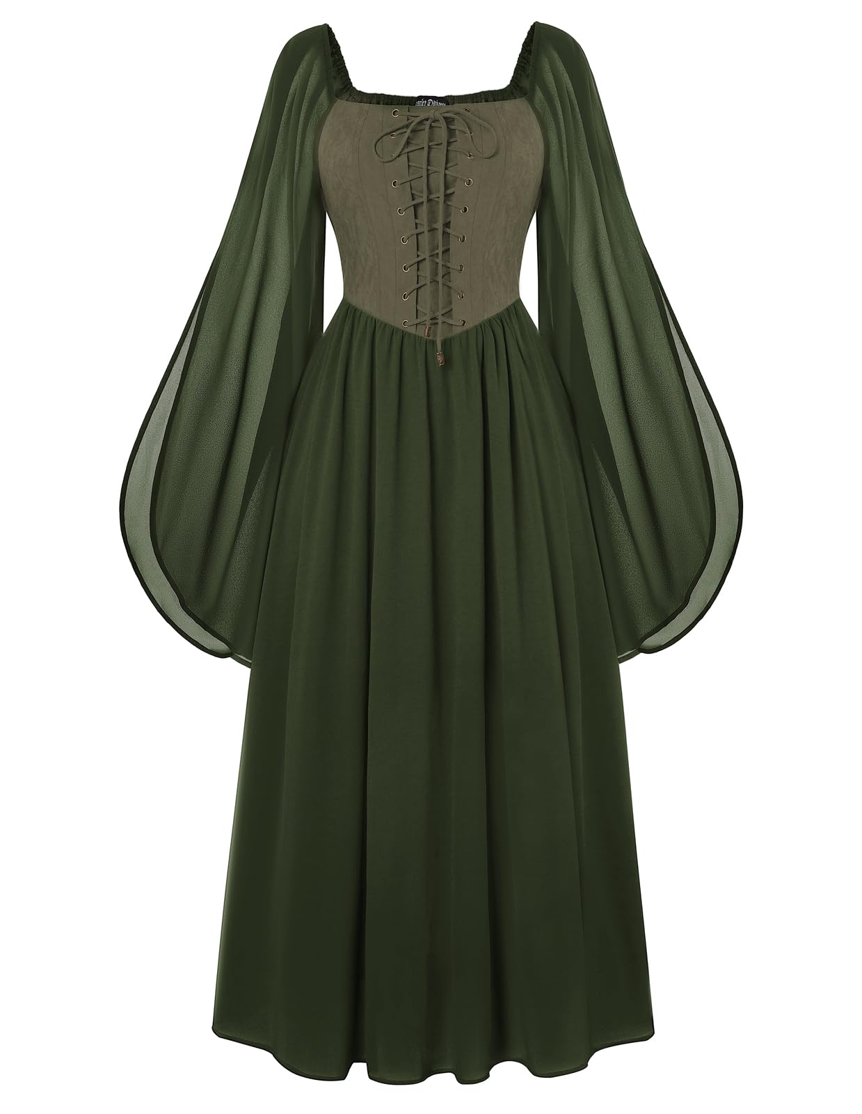 Scarlet Darkness Renaissance Costume Women Lace Up Split Bell Sleeve Medieval Dress, Olive Green, Medium