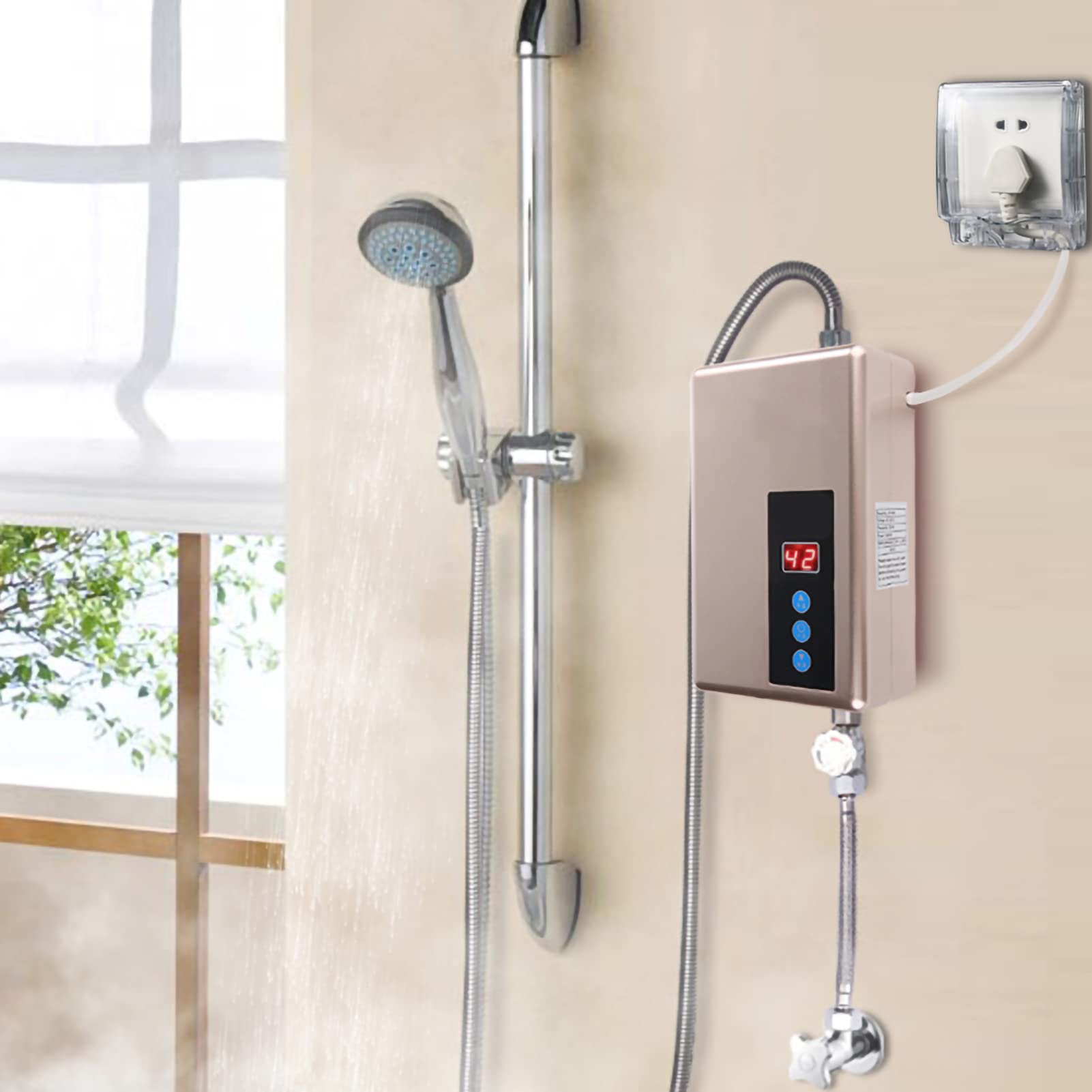 Riscaldatore di Acqua Calda Senza Serbatoio, 220V Istantaneo Scaldabagno Elettrico Mini Doccia per Il Lavaggio Della Del Bagno di Casa - Digital Dispaly 5.5Kw (Argento)