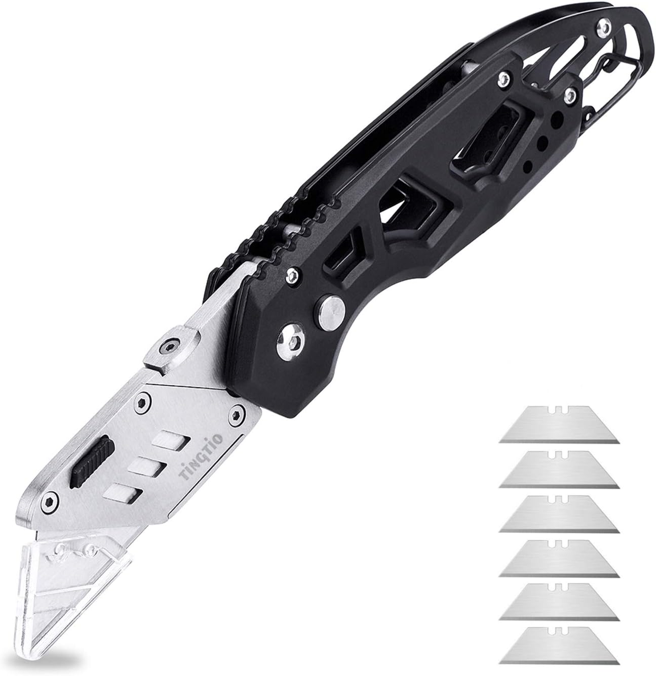 Box Cutter Knife Tingtio Box Knife Heavy Duty Folding Box Cutter with 13 pcs Replacement Blades Belt Clip Black