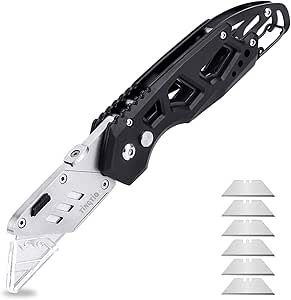 Folding Box Cutter Utility Knife Tingtio Utility Pocket Knife Box Cutter Knives with 11 Replaceable Blades Belt Clip Easy Release Button Quick Change and Lock-Back Design