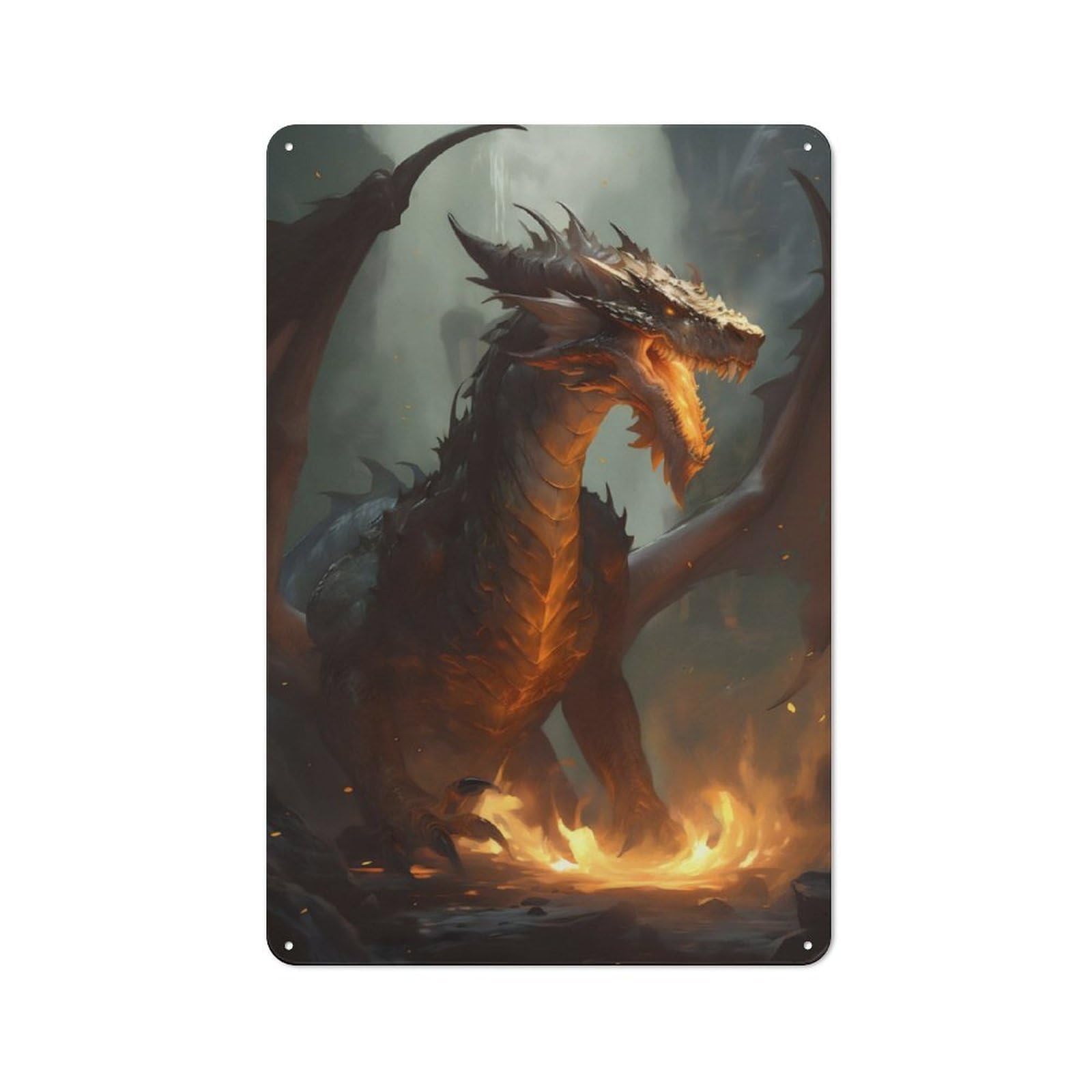 Junmoney Fire Dragon Rustic Metal Sign 30X20cm For Living Room Wall, With Clear Rustic Wall Decor Character