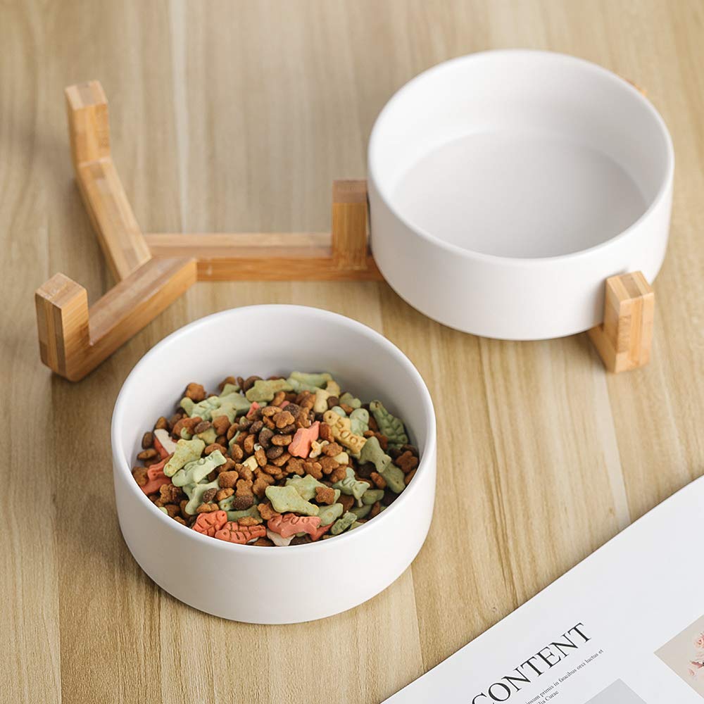 AHX Futternapf Katze 2er Set mit Holzständer - Doppelter Katzennapf Keramik für Wasser und Futter - Fressnapf Hund Klein - 2 x 480 ml